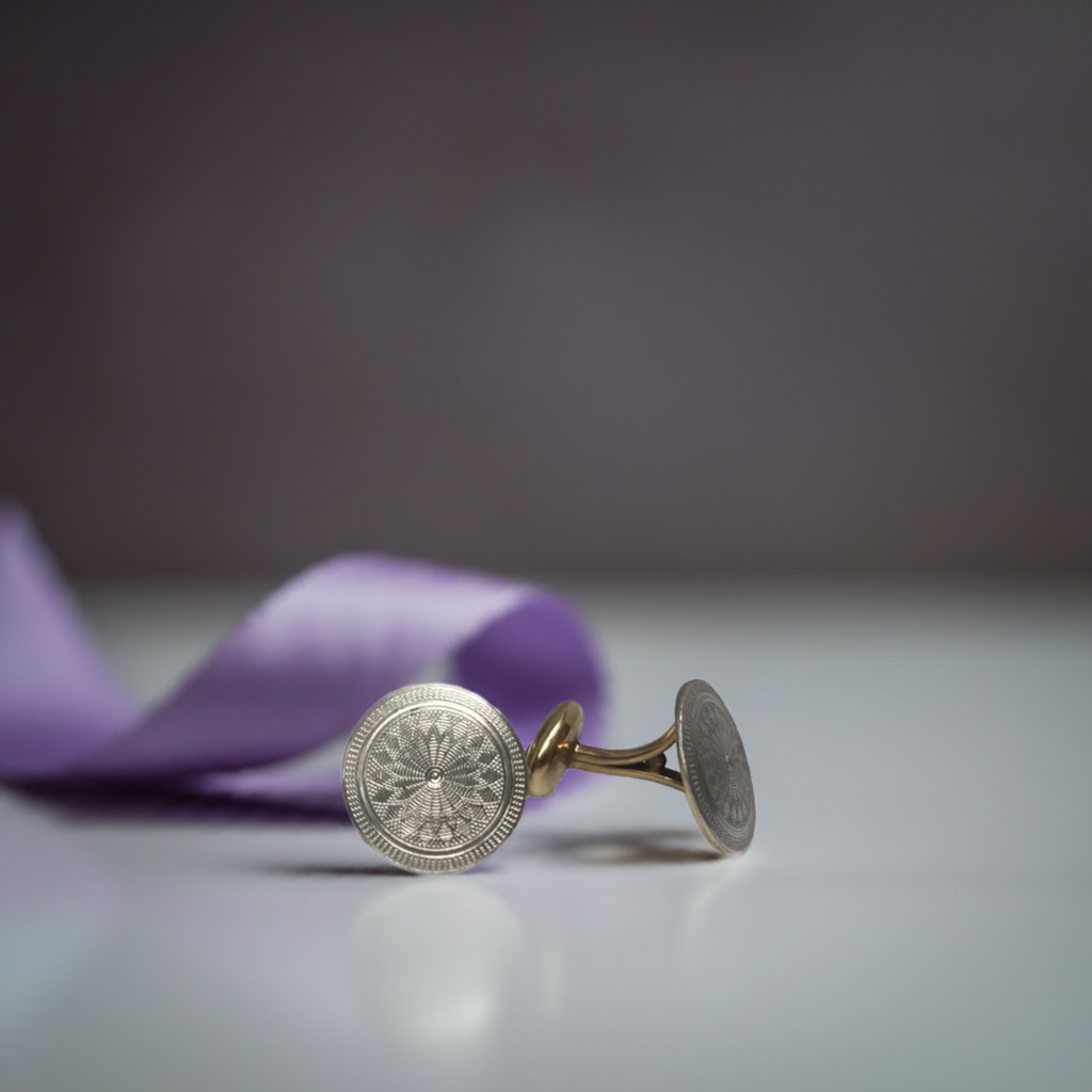 Art Deco Round Detailed Cufflinks Platinum on Gold Hand Engraved