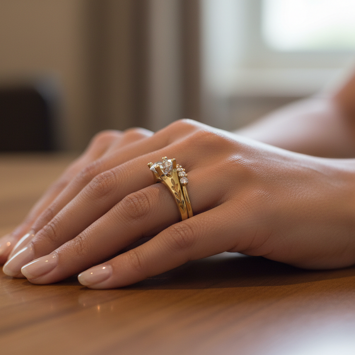 Close-up of a hand wearing a gold ring on a wooden surface