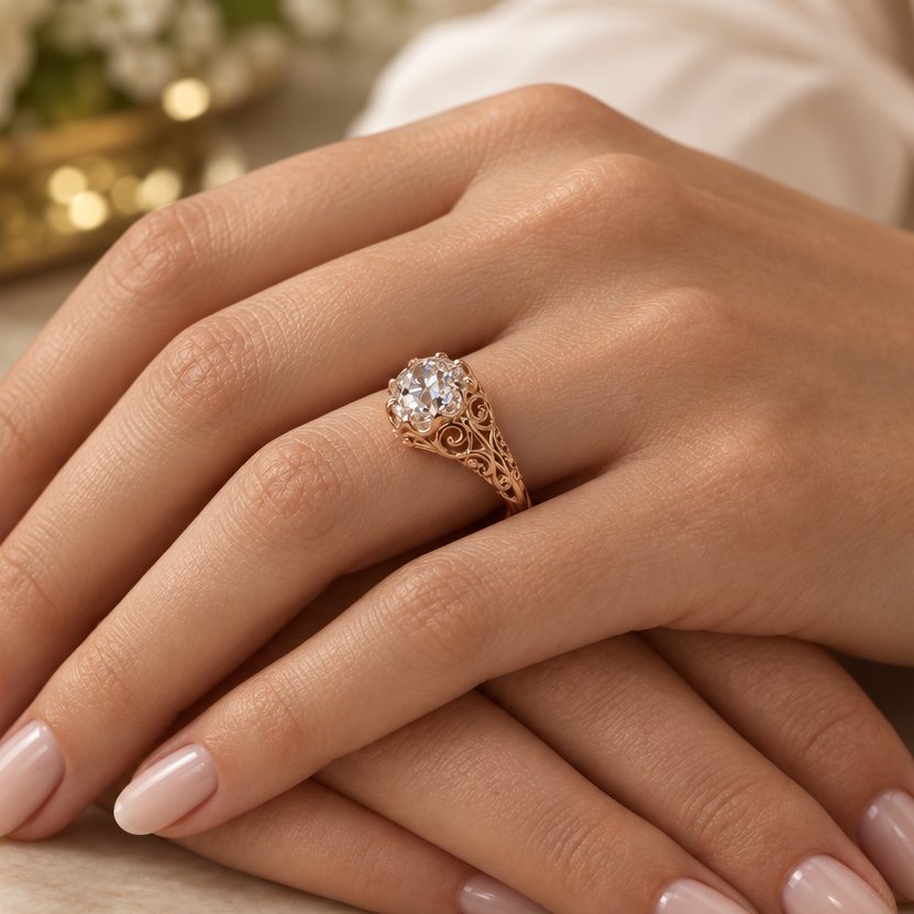Aurelia Rose gold Victorian Belcher style Engagement Ring.