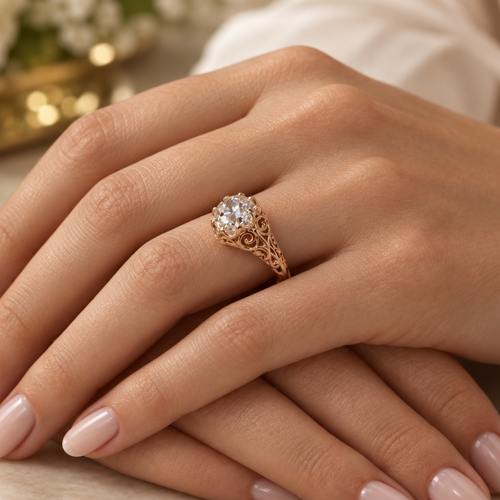 Aurelia Rose gold Victorian Belcher style Engagement Ring.