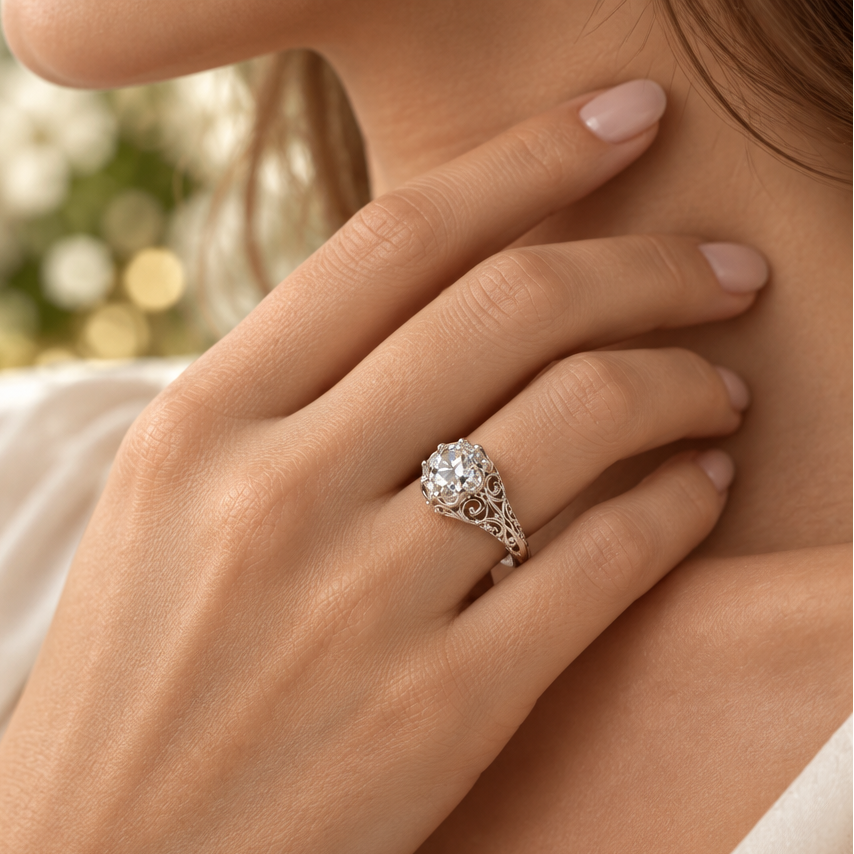 Aurelia White gold Victorian Belcher style Engagement Ring.