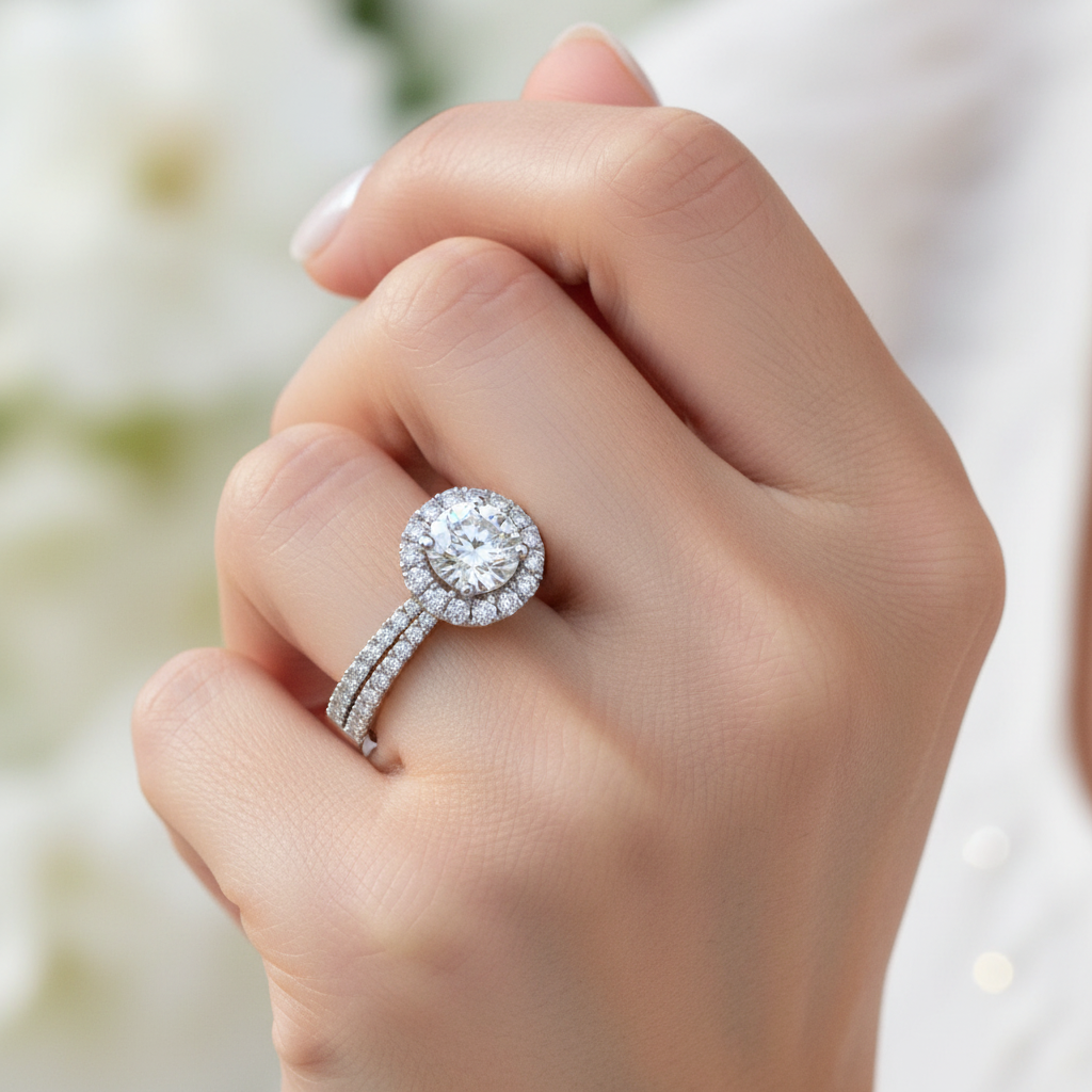 Close-up of a hand wearing a diamond ring with a blurred floral background