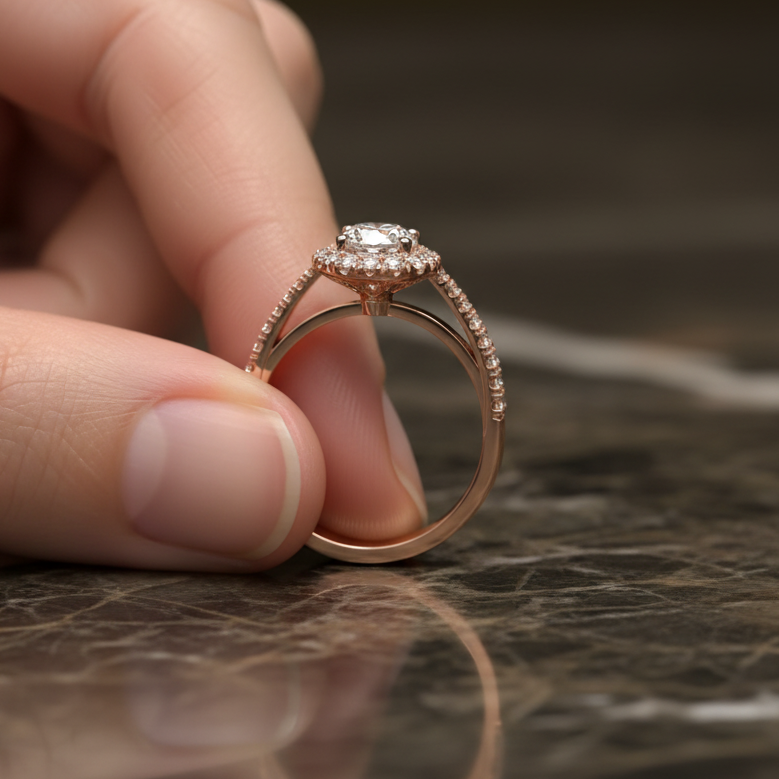 Rose gold ring with diamond on a finger against a blurred background