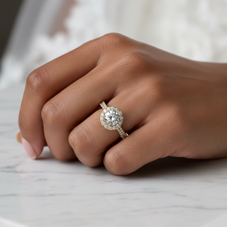 Hand wearing a diamond ring on a marble surface