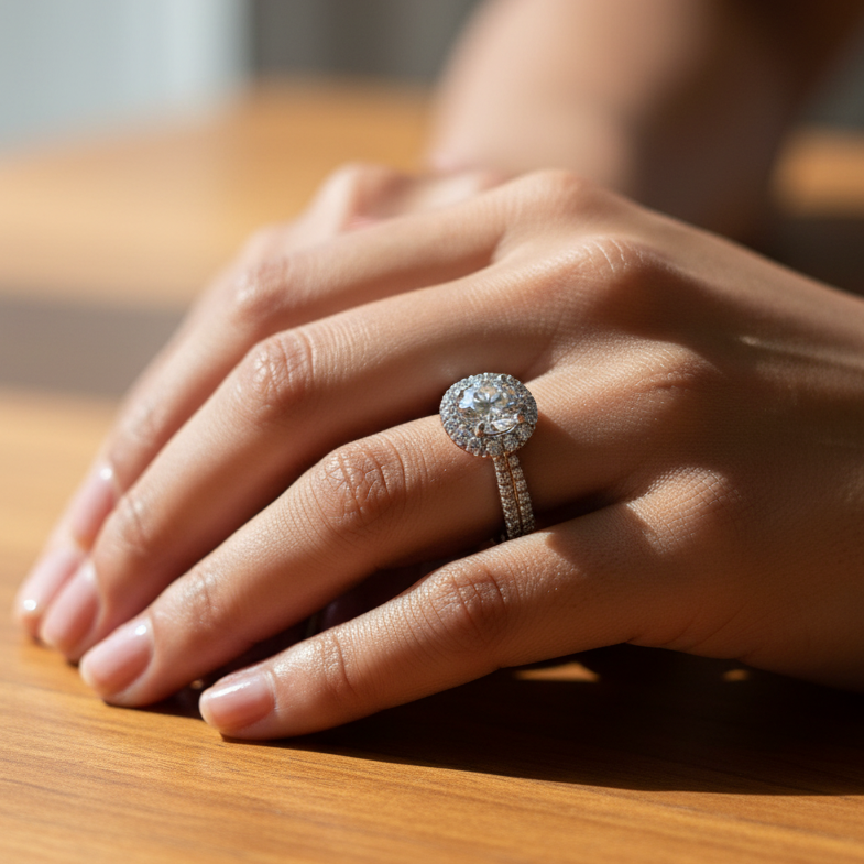 Hand wearing a diamond ring on a wooden surface