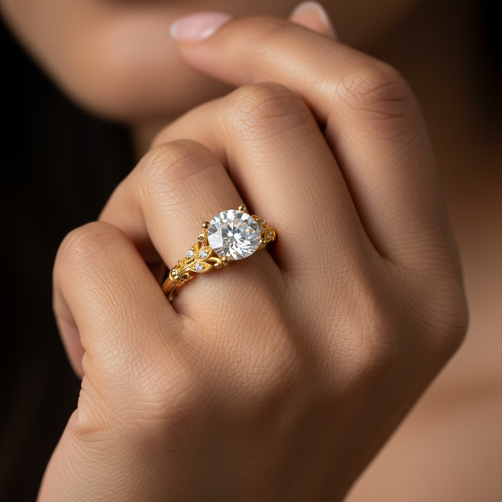 Woman wearing a yellow gold and diamond ring