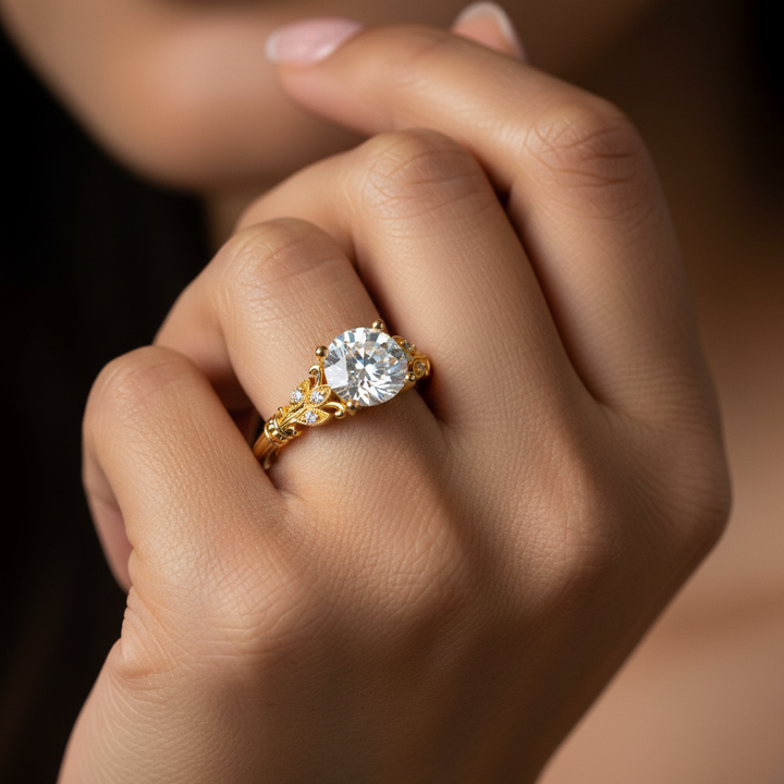 Woman wearing a yellow gold and diamond ring