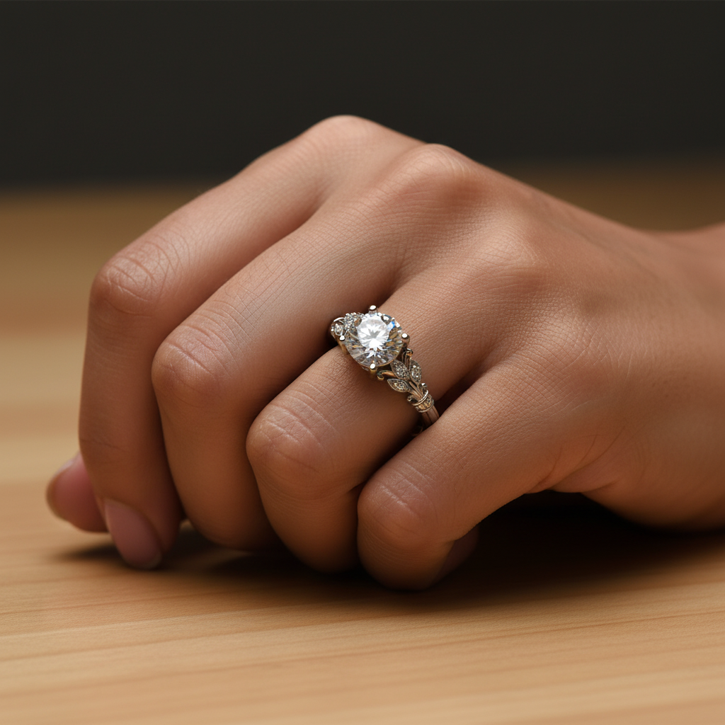 A close-up of a hand wearing a Platinum ring with a Center diamond and smaller side diamonds, resting on a light wood surface against a dark background.