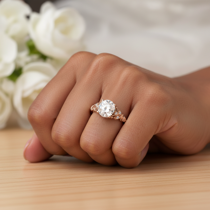 A close-up of a hand wearing a rose gold engagement ring with a round diamond center stone and small side diamonds, resting on a light wood surface with blurred white roses in the background.