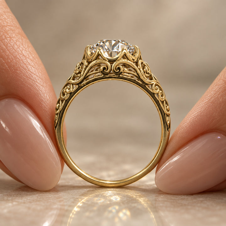 A close up rendering of the details of the Aurelia Victorian Engagement ring 