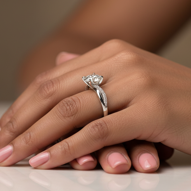 Close-up of a hand wearing a diamond ring on a neutral background