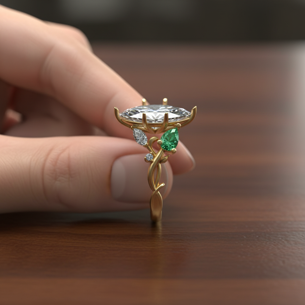 Gold ring with green gemstone held by a hand on a wooden surface