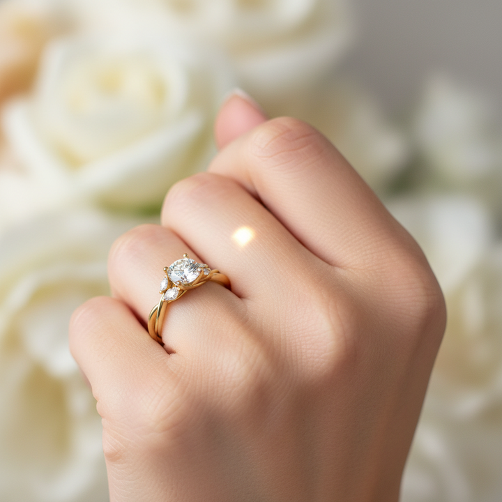 Hand wearing a gold ring with a diamond against a background of white roses
