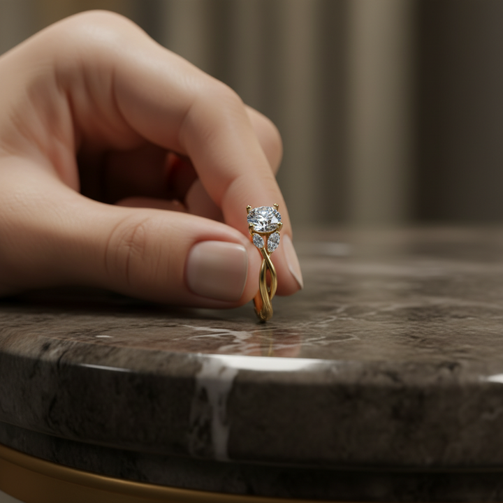 Gold ring with a diamond held by a hand on a marble surface