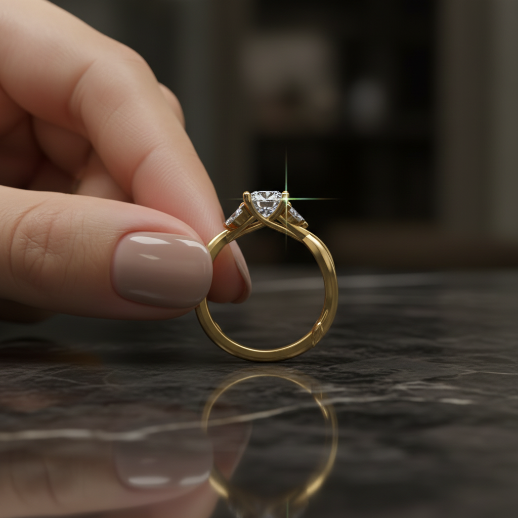 Gold ring with a diamond held by a hand on a reflective surface