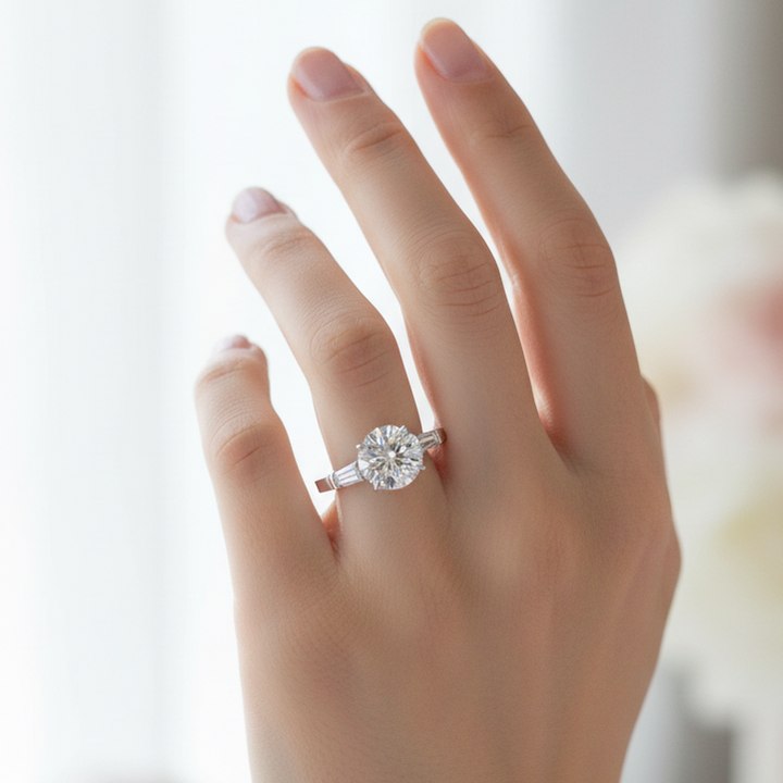 Hand wearing a diamond ring with a blurred background