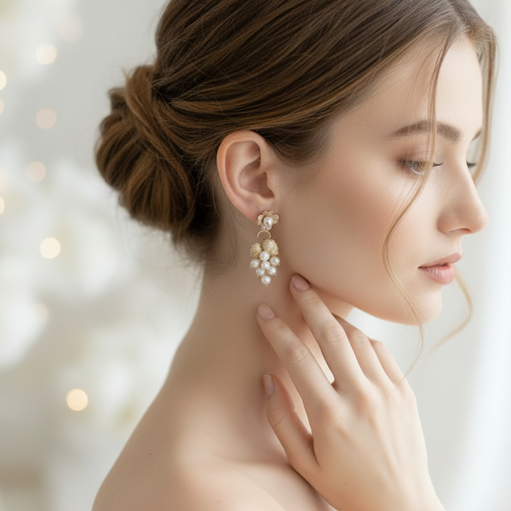 Handcrafted Grape Leaf Pearl Earrings