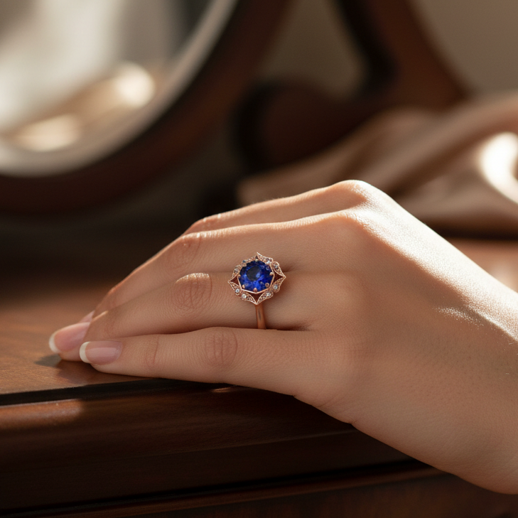Hand wearing a ring with a blue sapphire on a wooden surface