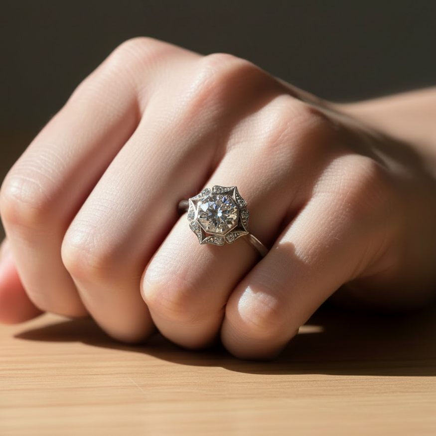 Hand wearing a diamond ring on a wooden surface with a blurred background
