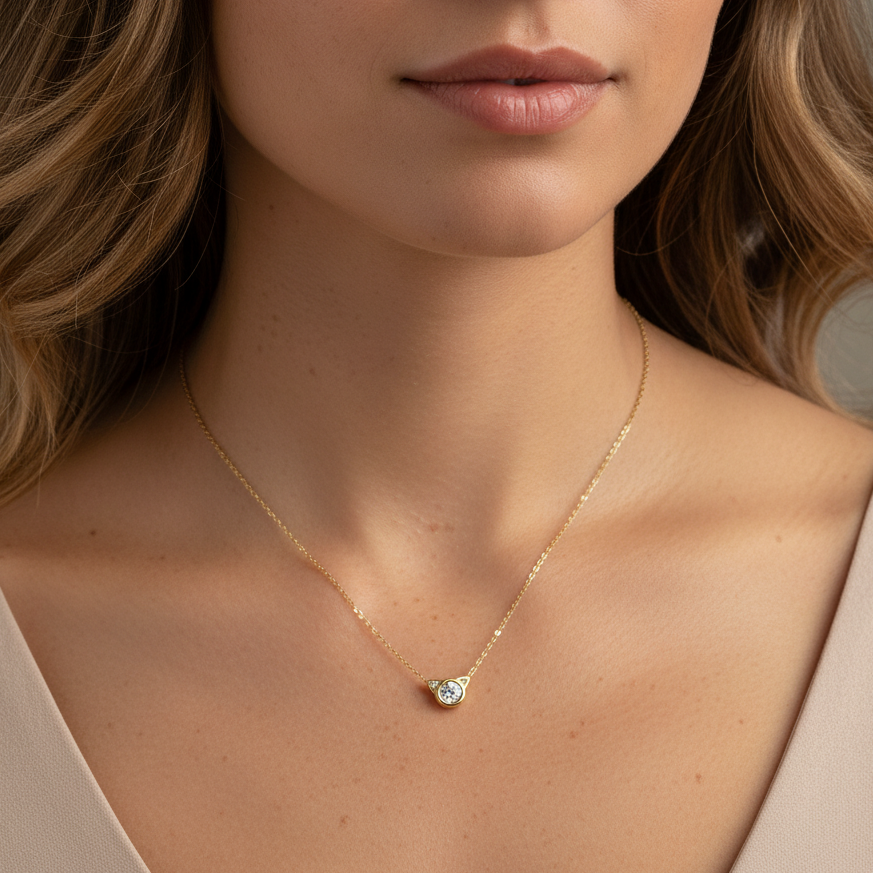 A close-up of a woman wearing a delicate gold chain necklace with a small heart-shaped clear gemstone pendant.