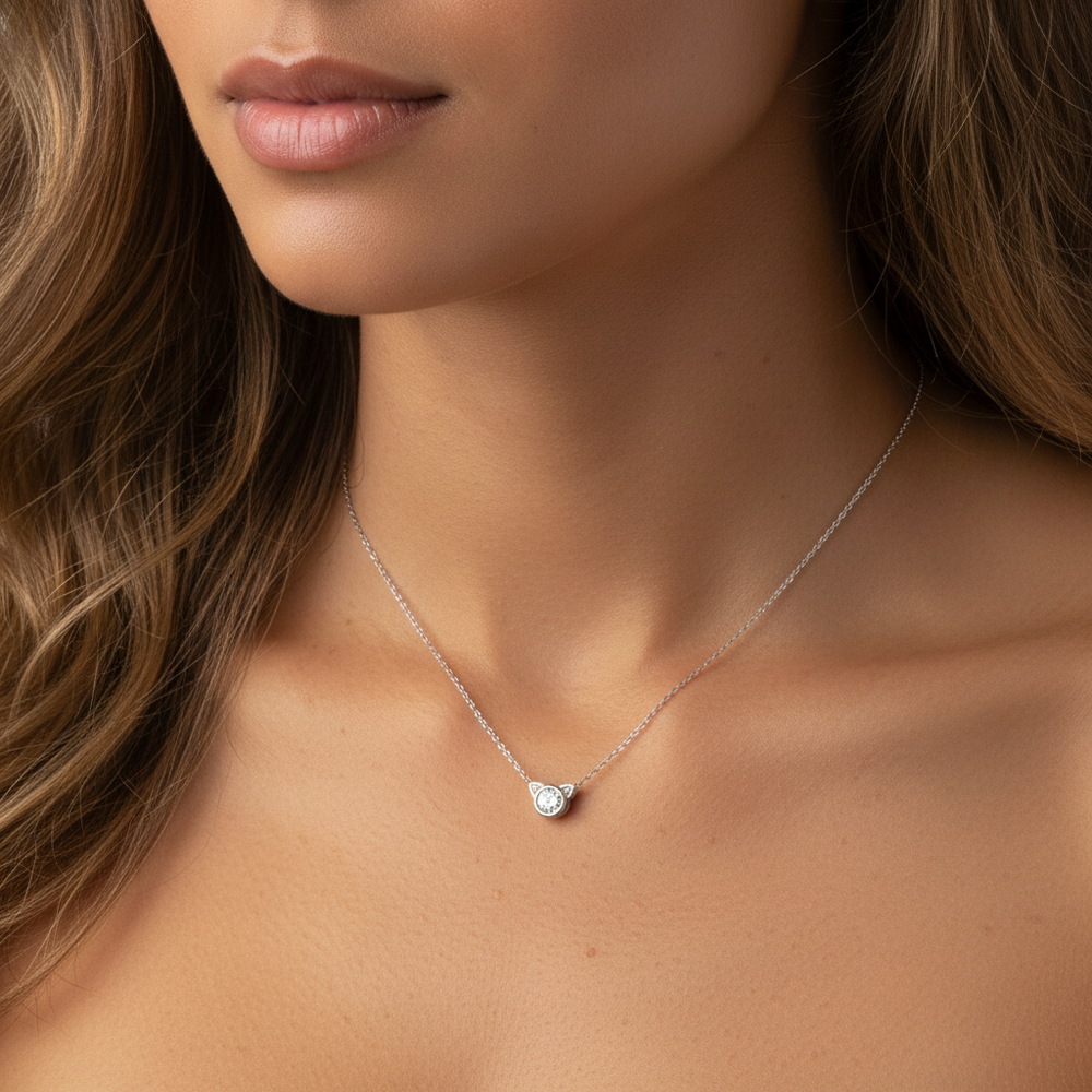 Luna Cat Platinum necklace. Bezel Set pendant with ears 