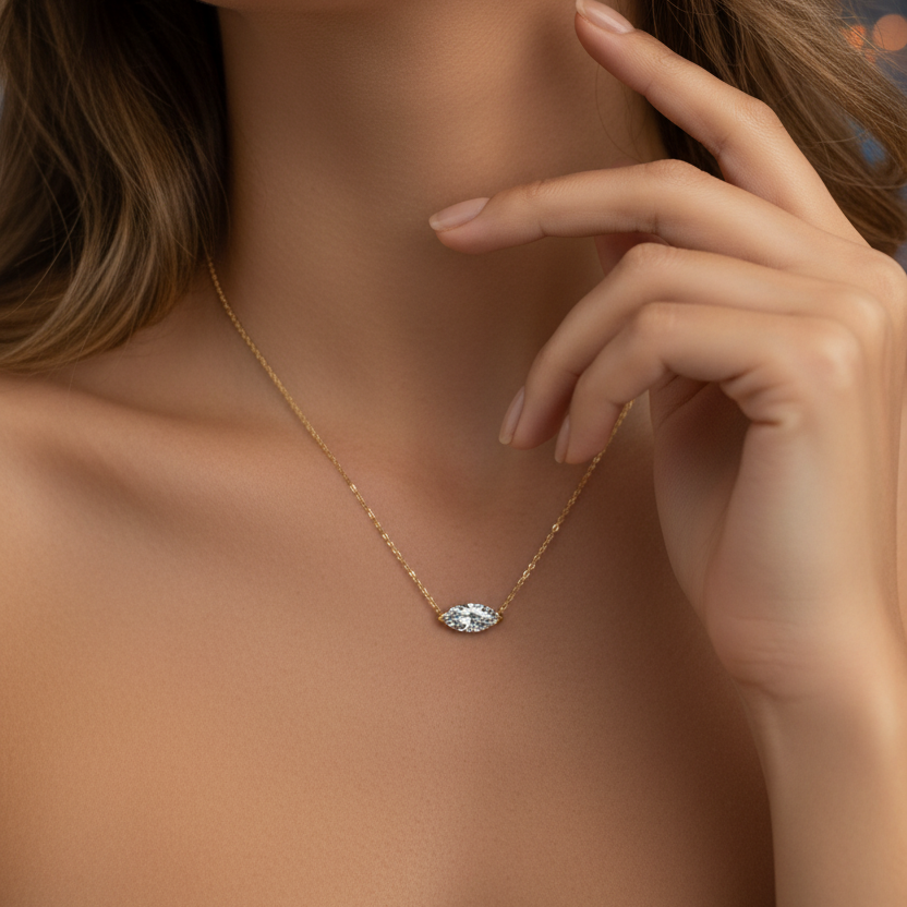 Close-up of a woman wearing a delicate necklace with a blurred bokeh background