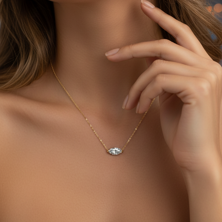 Close-up of a woman wearing a delicate necklace with a blurred bokeh background