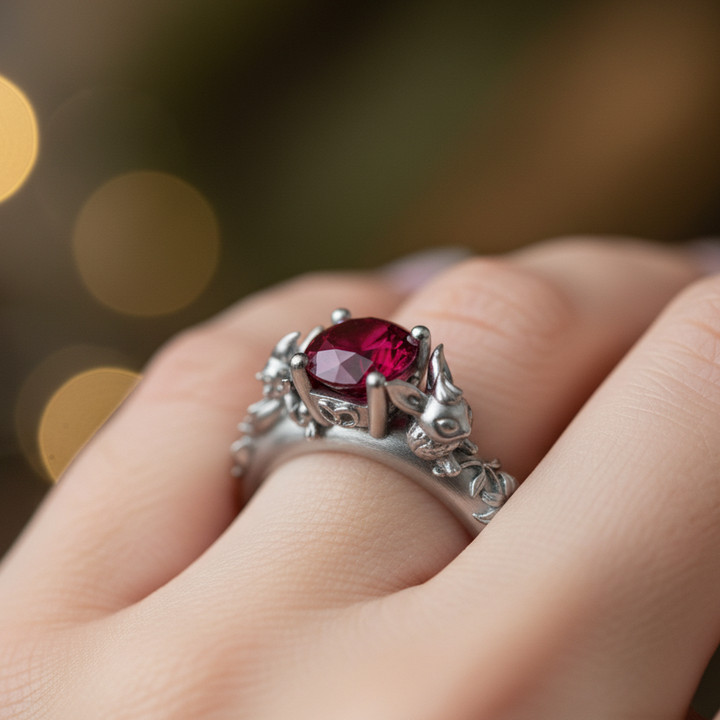 Platinum ring with a red gemstone on a hand against a blurred lights and Pokemon design background