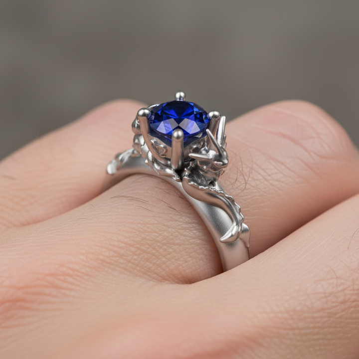 Platinum ring with a blue gemstone on a hand against a blurred background. Pokemon design