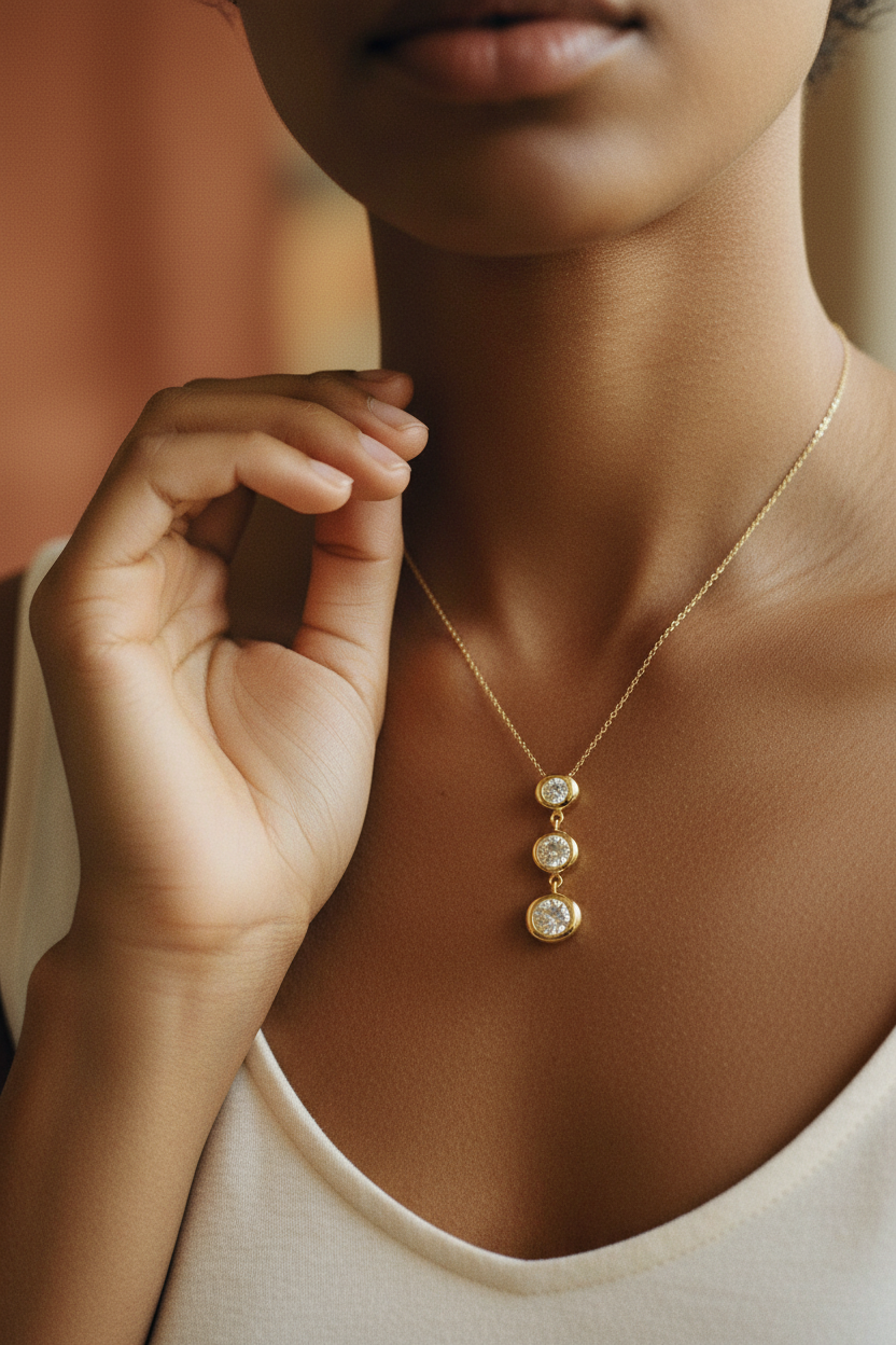 Close-up of a person wearing a gold necklace with three small pendants.