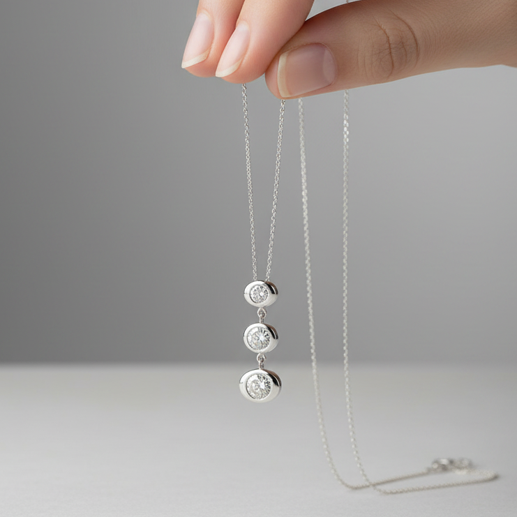 Platinum necklace with three circular pendants held by a hand against a gray background