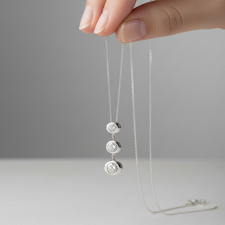 Platinum necklace with three circular pendants held by a hand against a gray background