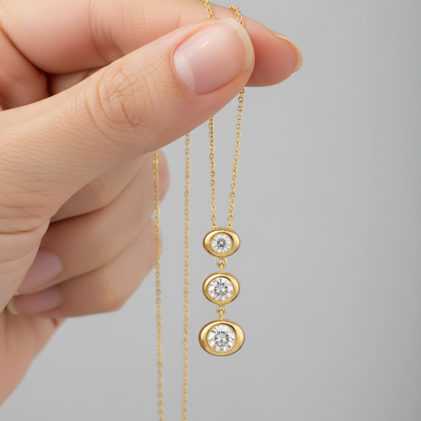 Gold necklace with three diamond pendants held by a hand against a gray background