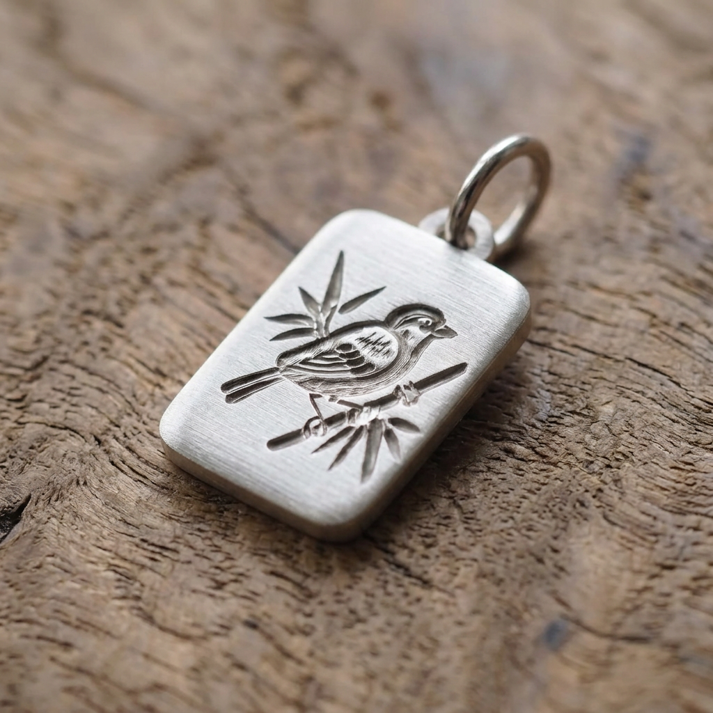 Solid Gold Mahjong Tile Pendant (Sparrow & Bamboo)