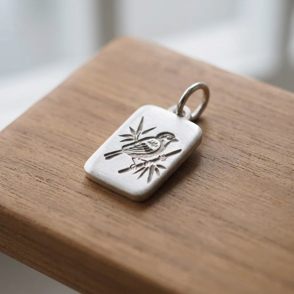 Solid Gold Mahjong Tile Pendant (Sparrow & Bamboo)