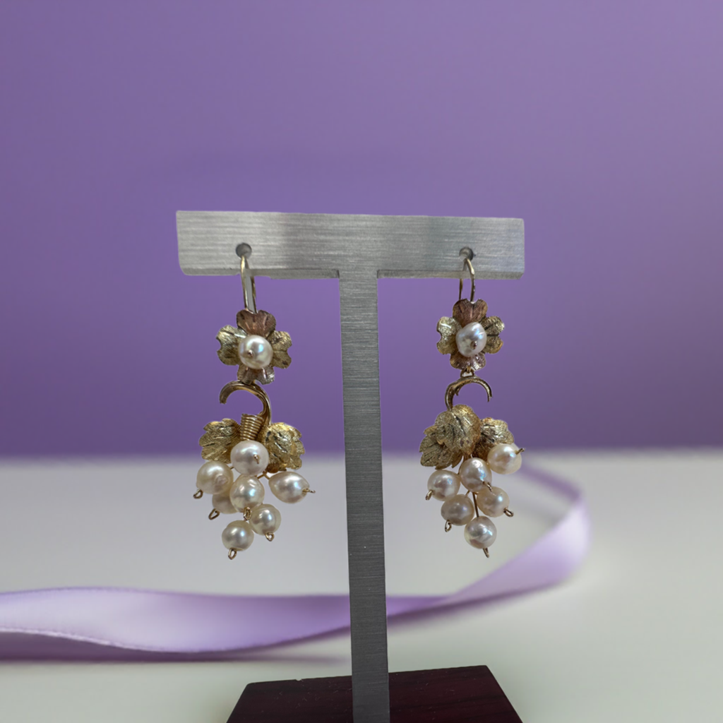 Handcrafted Grape Leaf Pearl Earrings