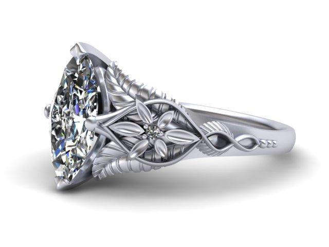 One of a kind custom engagement ring set with lab created Charles & Colvard or Chatham gemstones, Boston custom jewelry, Bostonian Jewelers.