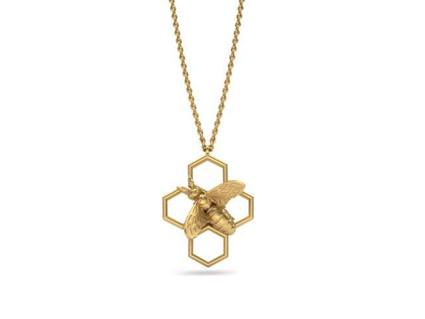Bee Pendant Honeycomb Necklace Solid Gold