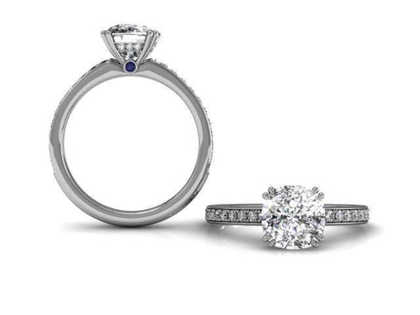 Platinum Double Prong Cushion Diamond Engagement Ring-Straight Row Pave Diamonds-Comfort Fit-Boston Jewelers