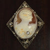 Art Deco Antique Vintage Cameo Pendant Brooch With Old European Cut Diamonds Filligree Floral Patterns Boston Jewelers