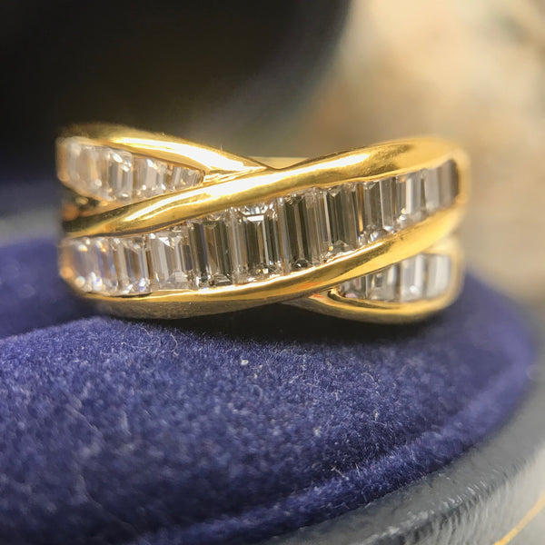 Hand Made Diamond Baguette Tiffany X Style Ring 18K Yellow Gold Boston Jewelers