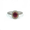 Oval Ruby Diamond Halo Delicate Band Alternative Engagement Ring Boston Jewelry