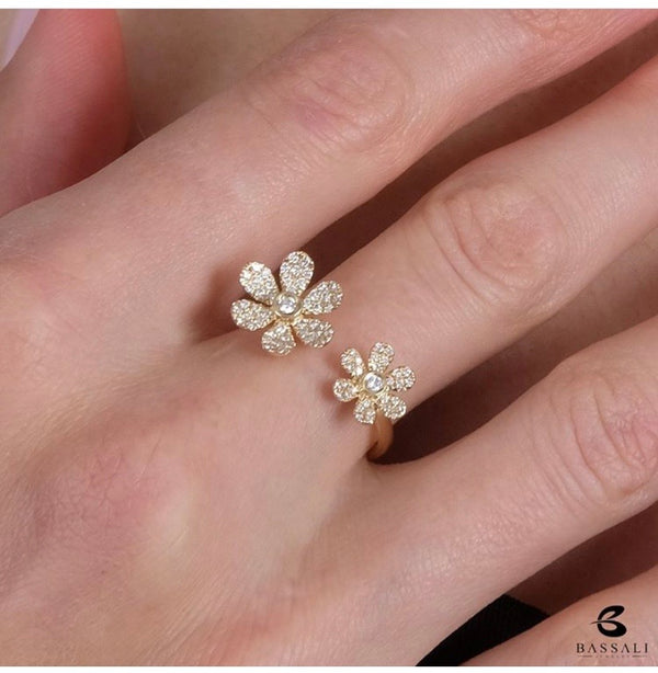 Flower Petals open band ring. Pave Diamonds open ring.