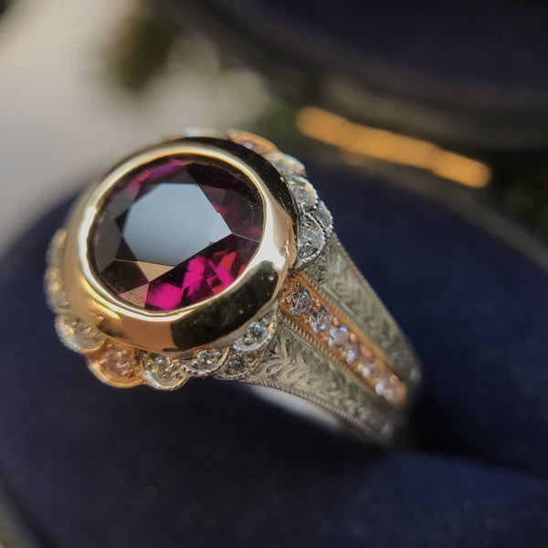Rubelite Pink Tourmaline With Pink Diamonds Set In Platinum And Rose Gold By Boston Jewelers