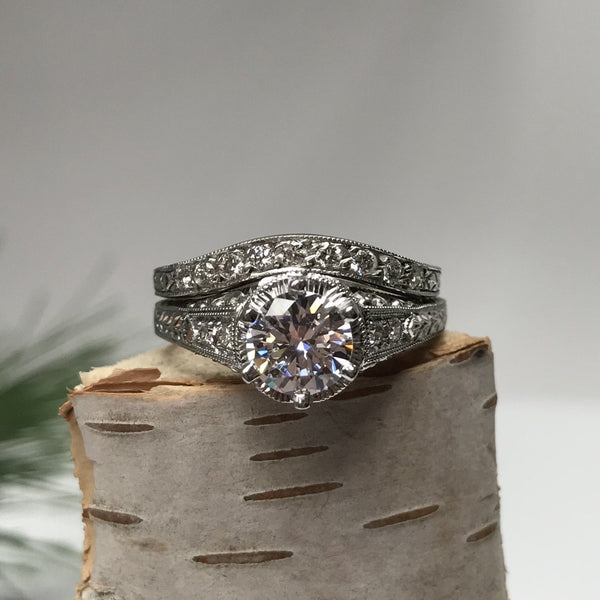 Pave Diamond Curved Wedding Ring with Contour Engraving - Boston Vintage Jewelry